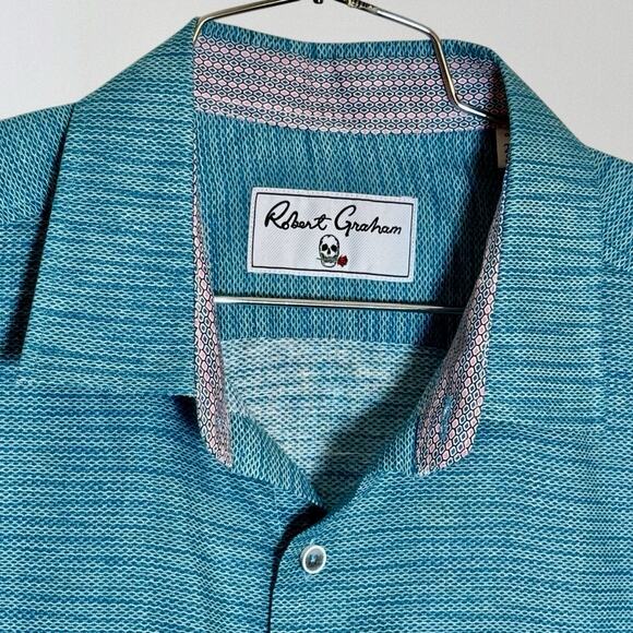 Robert Graham Linen Blend Shirt Size 2XL Mens Skull Tag Flip Cuffs Turquoise - Picture 2 of 9